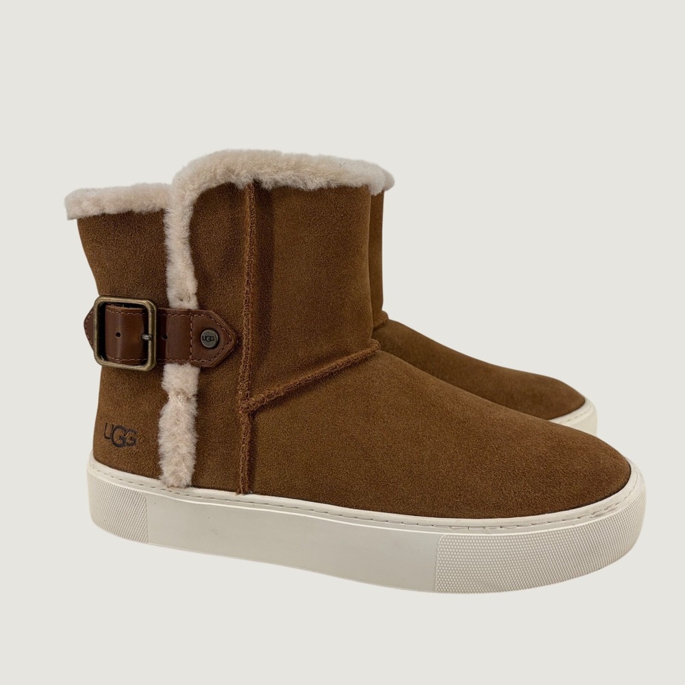 UGG Aika Sneaker Boots Womens 8 Chestnut Suede Shearling Buckle Platform 1104069 - Picture 2 of 11